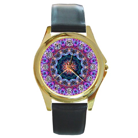 Purple Lotus Round Leather Watch (Gold Rim)  from ArtsNow.com Front