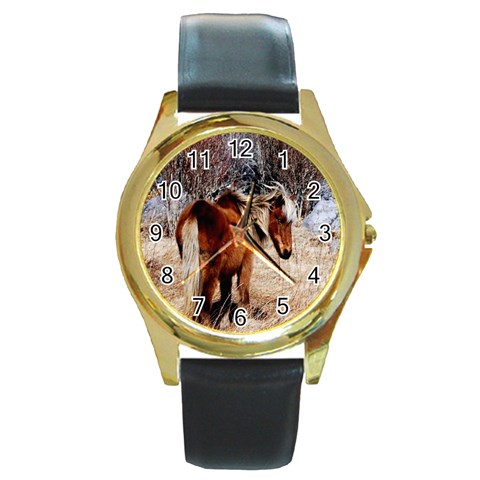 Pretty Pony Round Leather Watch (Gold Rim)  from ArtsNow.com Front