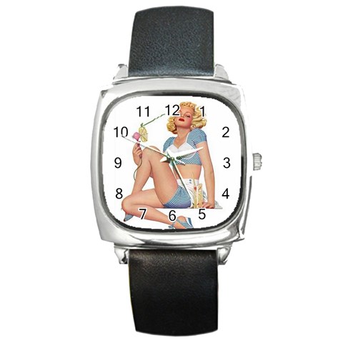 pinup girl blue Square Metal Watch from ArtsNow.com Front