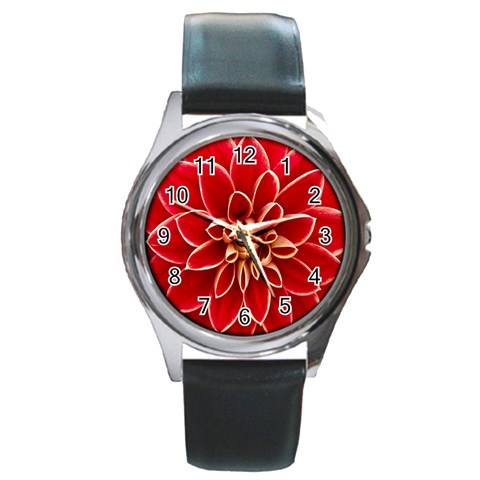 Red Dahila Round Leather Watch (Silver Rim) from ArtsNow.com Front