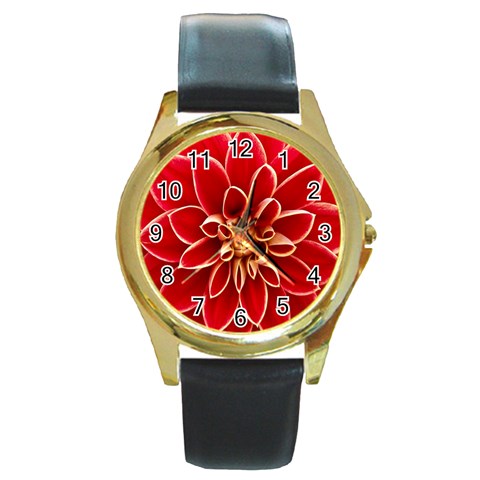 Red Dahila Round Leather Watch (Gold Rim)  from ArtsNow.com Front