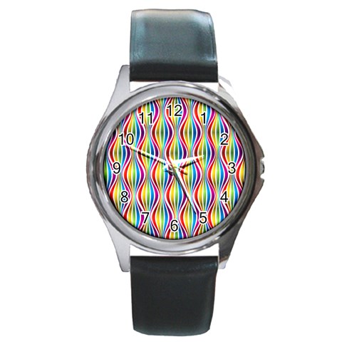 Rainbow Waves Round Leather Watch (Silver Rim) from ArtsNow.com Front