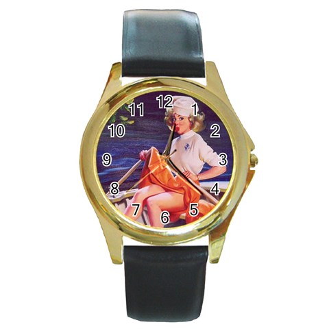 SailorGirlPinup Round Gold Metal Watch from ArtsNow.com Front