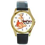 radio-overdrive-red-pinup Round Gold Metal Watch