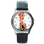 Pin-Up-Girl-in-Pink-Print-C10100441 Round Metal Watch