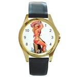 Pin-Up-Girl-in-Pink-Print-C10100441 Round Gold Metal Watch