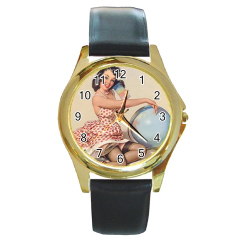 pinup_25 Round Gold Metal Watch from ArtsNow.com Front