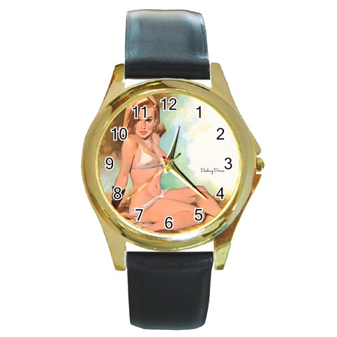 pinup_24 Round Gold Metal Watch from ArtsNow.com Front