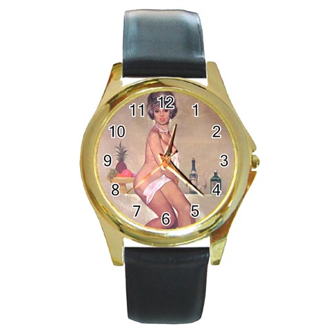 pinup_23 Round Gold Metal Watch from ArtsNow.com Front