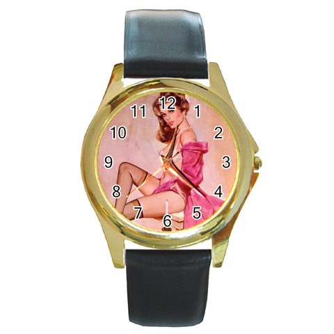 pinup_22 Round Gold Metal Watch from ArtsNow.com Front