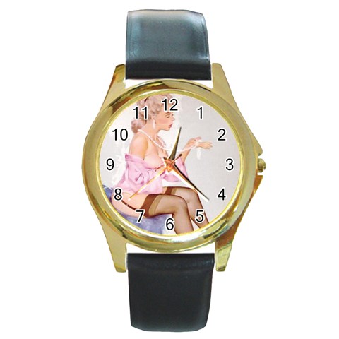 pinup_21 Round Gold Metal Watch from ArtsNow.com Front