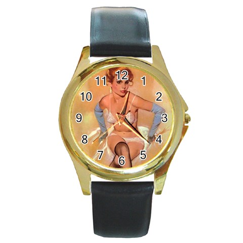 pinup_19 Round Gold Metal Watch from ArtsNow.com Front