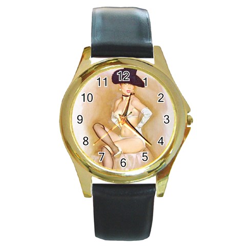 pinup_17 Round Gold Metal Watch from ArtsNow.com Front