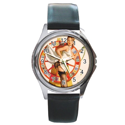 pinup_12 Round Metal Watch from ArtsNow.com Front