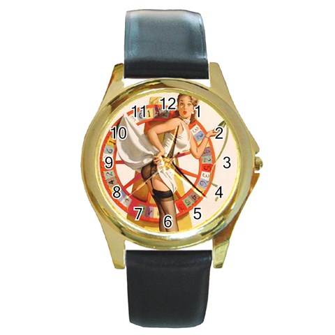 pinup_12 Round Gold Metal Watch from ArtsNow.com Front