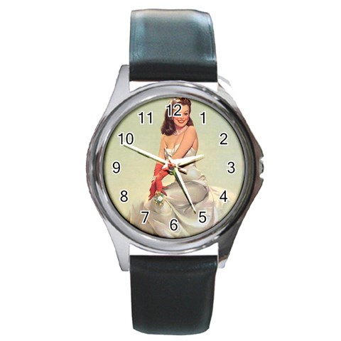 pinup_3 Round Metal Watch from ArtsNow.com Front