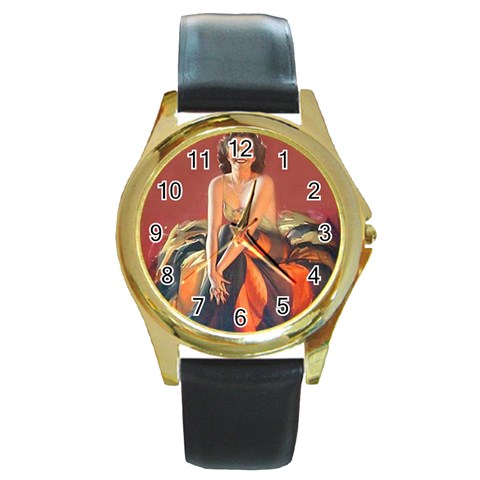 pinup_2 Round Gold Metal Watch from ArtsNow.com Front