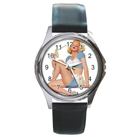 pinup girl blue Round Metal Watch from ArtsNow.com Front