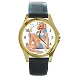 pinup girl blue Round Gold Metal Watch