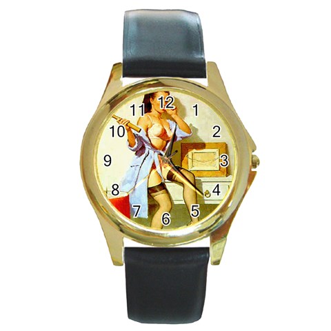 pinup1 Round Gold Metal Watch from ArtsNow.com Front