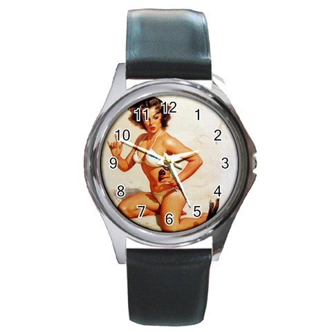 horned_pinup Round Metal Watch from ArtsNow.com Front