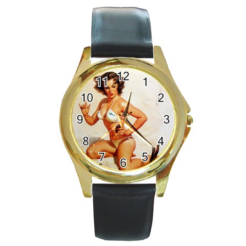 horned_pinup Round Gold Metal Watch from ArtsNow.com Front