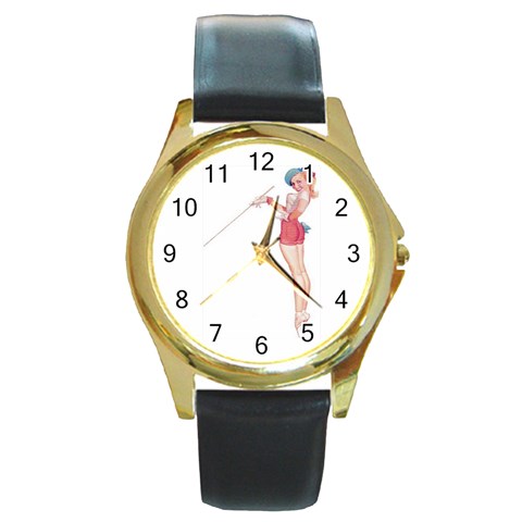 duffs_pinup_altered Round Gold Metal Watch from ArtsNow.com Front