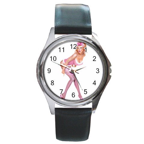 blondePinupPinkFluffy Round Metal Watch from ArtsNow.com Front