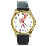 blondePinupPinkFluffy Round Gold Metal Watch