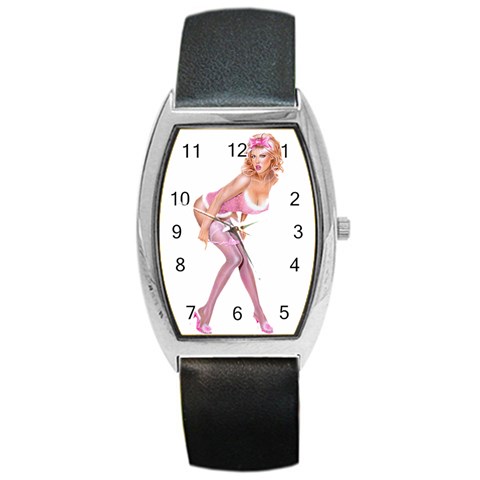 blondePinupPinkFluffy Barrel Style Metal Watch from ArtsNow.com Front