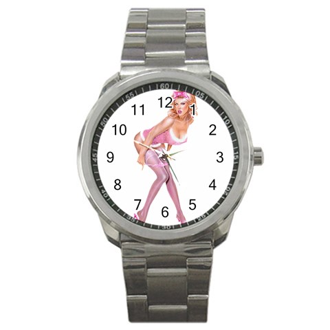 blondePinupPinkFluffy Sport Metal Watch from ArtsNow.com Front