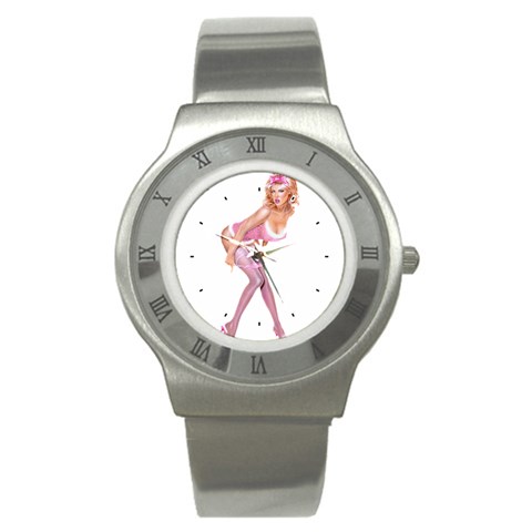 blondePinupPinkFluffy Stainless Steel Watch from ArtsNow.com Front