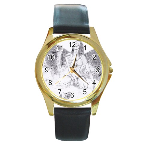 Bleeding Angel 1  Round Leather Watch (Gold Rim)  from ArtsNow.com Front