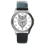 Ornate Foxy Wolf Round Leather Watch (Silver Rim)