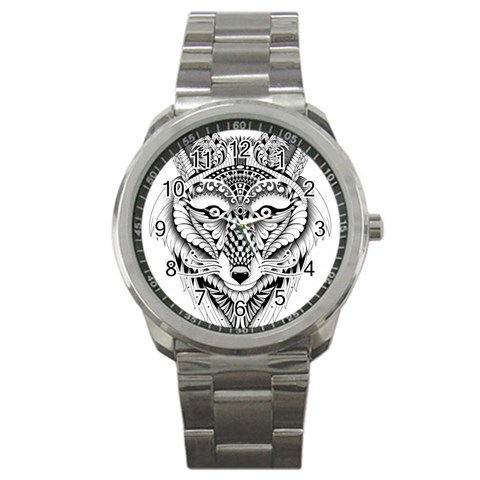 Ornate Foxy Wolf Sport Metal Watch from ArtsNow.com Front