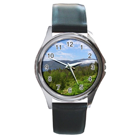 Newfoundland Round Leather Watch (Silver Rim) from ArtsNow.com Front