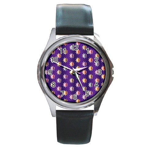 Flare Polka Dots Round Leather Watch (Silver Rim) from ArtsNow.com Front