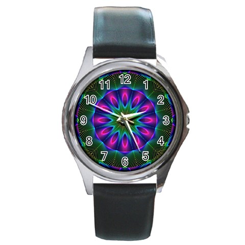 Star Of Leaves, Abstract Magenta Green Forest Round Leather Watch (Silver Rim) from ArtsNow.com Front