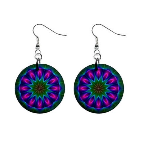 Star Of Leaves, Abstract Magenta Green Forest Mini Button Earrings from ArtsNow.com Front