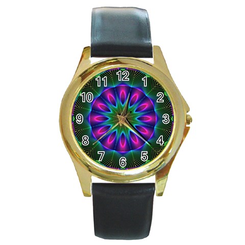 Star Of Leaves, Abstract Magenta Green Forest Round Leather Watch (Gold Rim)  from ArtsNow.com Front