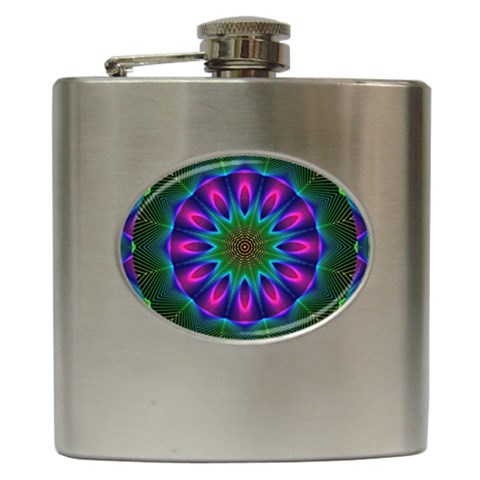 Star Of Leaves, Abstract Magenta Green Forest Hip Flask from ArtsNow.com Front