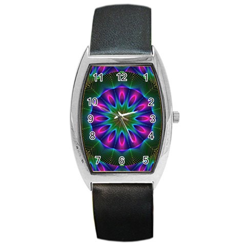 Star Of Leaves, Abstract Magenta Green Forest Tonneau Leather Watch from ArtsNow.com Front