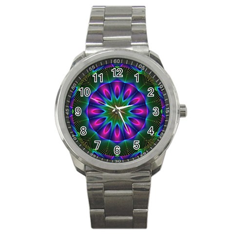 Star Of Leaves, Abstract Magenta Green Forest Sport Metal Watch from ArtsNow.com Front