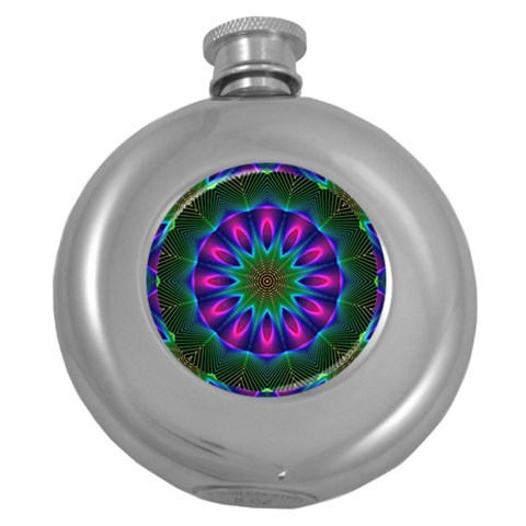 Star Of Leaves, Abstract Magenta Green Forest Hip Flask (Round) from ArtsNow.com Front