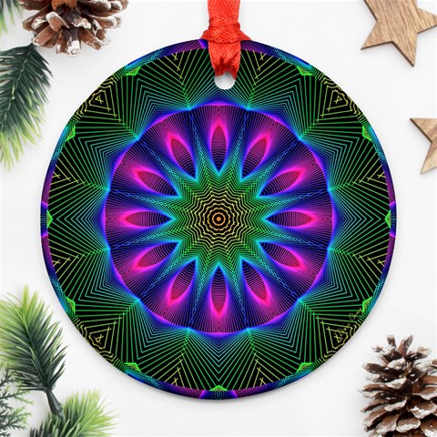 Star Of Leaves, Abstract Magenta Green Forest Round Ornament (Two Sides) from ArtsNow.com Front