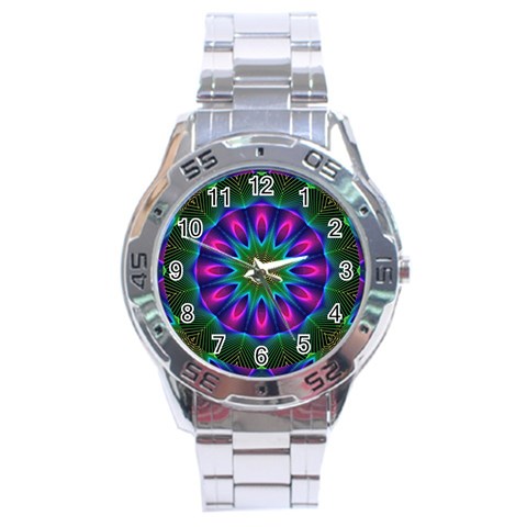 Star Of Leaves, Abstract Magenta Green Forest Stainless Steel Watch from ArtsNow.com Front