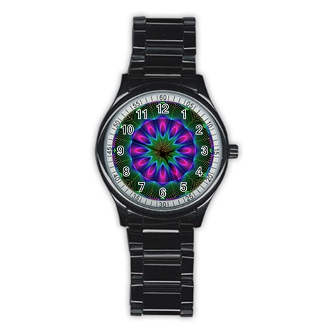 Star Of Leaves, Abstract Magenta Green Forest Sport Metal Watch (Black) from ArtsNow.com Front