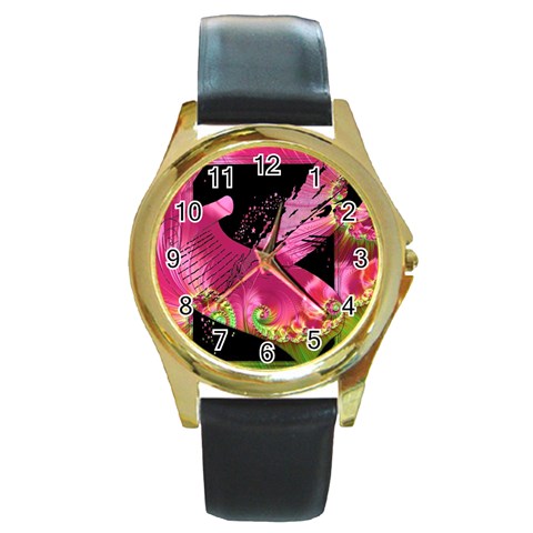 Elegant Writer Round Leather Watch (Gold Rim)  from ArtsNow.com Front