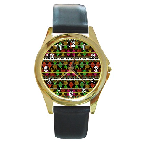 Aztec Style Pattern Round Leather Watch (Gold Rim)  from ArtsNow.com Front