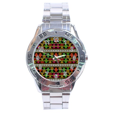 Aztec Style Pattern Stainless Steel Watch from ArtsNow.com Front